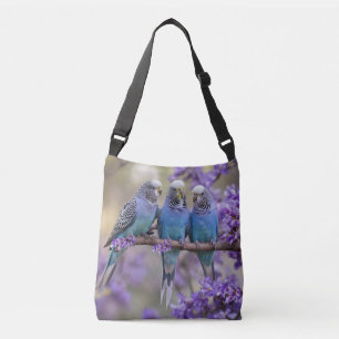 Boomtop Chatter: Blauwe Budgies in Jacaranda Tree, Crossbody Tas