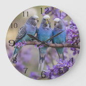 Boomtop Chatter: Blauwe Budgies in Jacaranda Tree, Grote Klok (Voorkant)