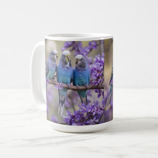 Boomtop Chatter: Blauwe Budgies in Jacaranda Tree, Koffiemok (Voorkant links)