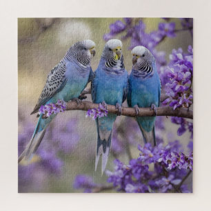 Boomtop Chatter: Blauwe Budgies in Jacaranda Tree, Legpuzzel