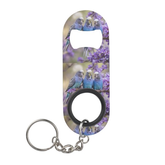 Boomtop Chatter: Blauwe Budgies in Jacaranda Tree, Mini Flessenopener (Voorkant)