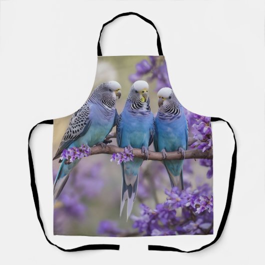 Boomtop Chatter: Blauwe Budgies in Jacaranda Tree, Schort (Voorkant)