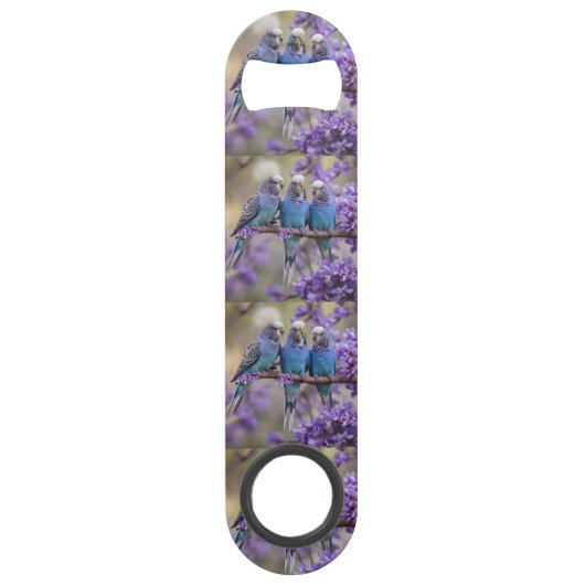 Boomtop Chatter: Blauwe Budgies in Jacaranda Tree, Speed Flessenopener (Voorkant)