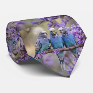 Boomtop Chatter: Blauwe Budgies in Jacaranda Tree, Stropdas