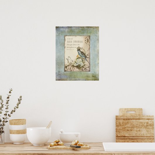 Boomvogels - Blauwe vogel met kroonflora Poster (Keuken)