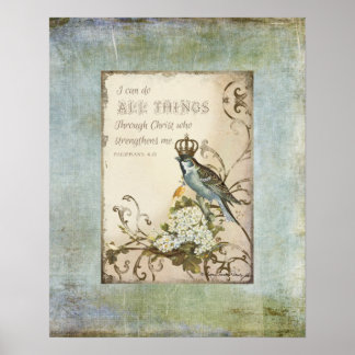 Boomvogels - Blauwe vogel met kroonflora Poster
