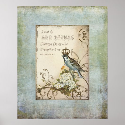 Boomvogels - Blauwe vogel met kroonflora Poster (Voorkant)