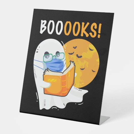 Booooks Halloween Ghost reading books and wearing Reclamebord Met Voetstuk (Voorkant)