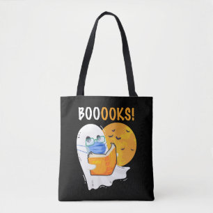 Booooks Halloween Ghost reading books and wearing Tote Bag
