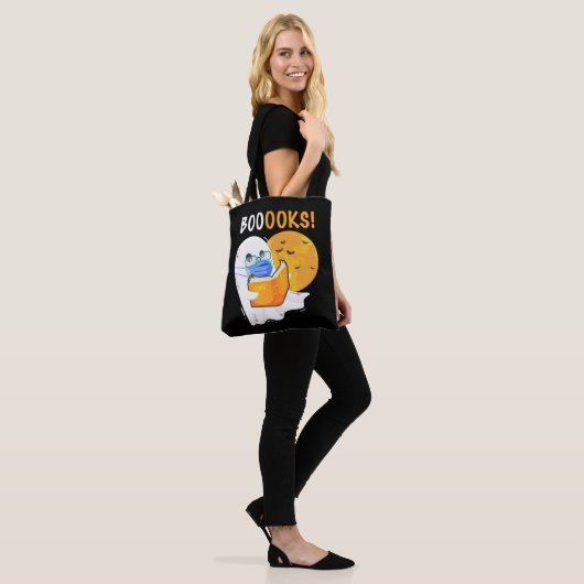 Booooks Halloween Ghost reading books and wearing Tote Bag (Op model)