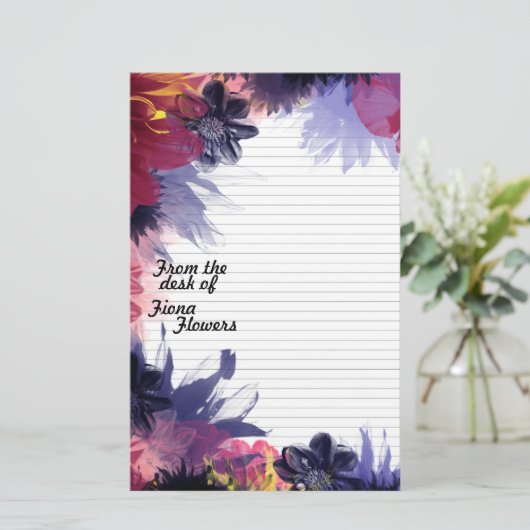Boordjes voor notebooks, donkerkleurige bloemen briefpapier (Staand voorkant)
