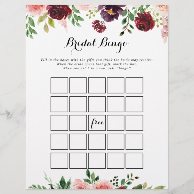 Boorgundy Paarse Spring Floral Bingo Game (Voorkant)