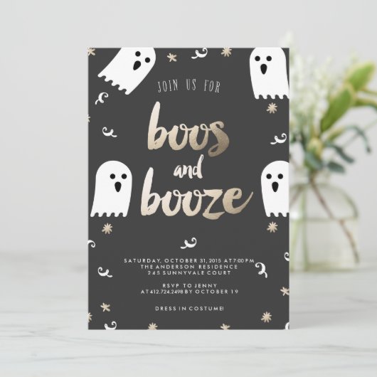BOOS AND BOOZE HALLOWEEN PARTY uitnodiging (Staand voorkant)