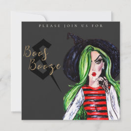 Boos and Booze Halloween Witch Party Invitation Kaart