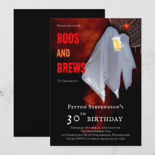 Boos and Brews Ghost Halloween 30th Birthday Party Kaart