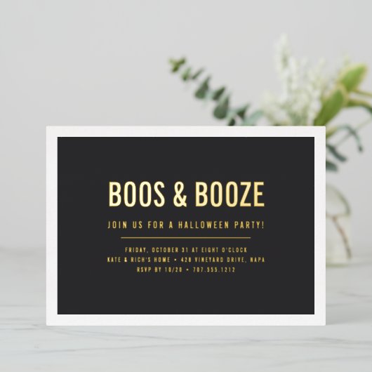 Boos & Booze Adult Halloween Party Folie Uitnodiging (Staand Voorkant)