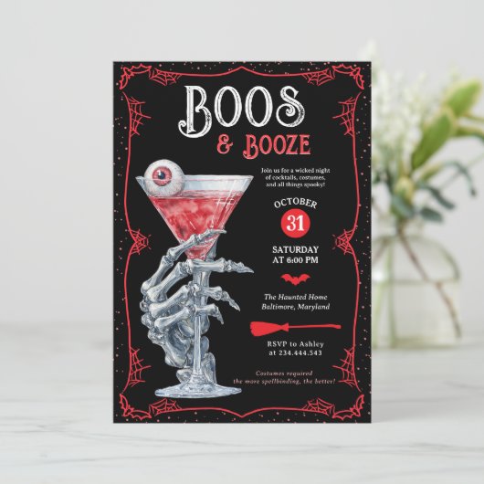Boos & Booze Adult Spooky Halloween Party Kaart (Staand voorkant)
