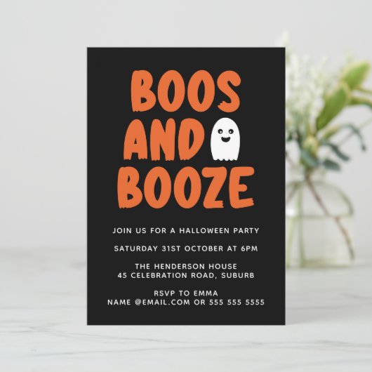 Boos & Booze Funny Cute Ghost Halloween Party  Kaart (Staand voorkant)