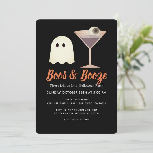 Boos & Booze Ghost Cocktail Halloween Uitnodiging (Staand voorkant)