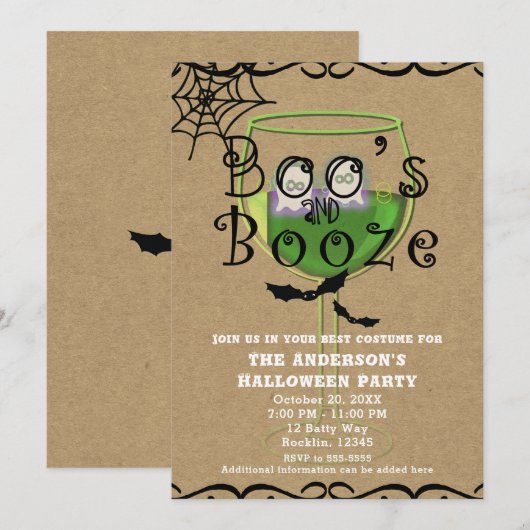 Boos & Booze Ghosts & Bats Kraft Halloween Party Kaart (Voorkant / Achterkant)