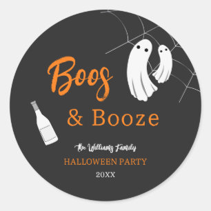 Boos & Booze Halloween Oranje & Zwarte Uitnodiging Ronde Sticker