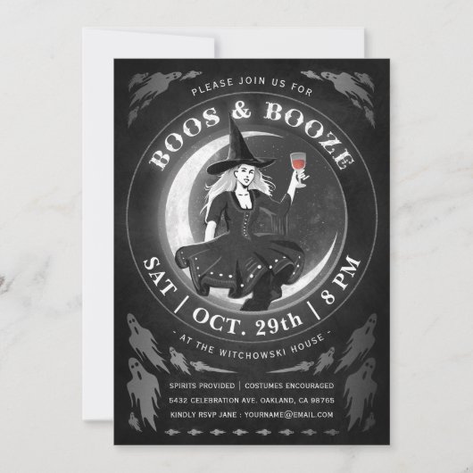 Boos & Booze Halloween-uitnodigingen | Zwart-wit Kaart (Voorkant)