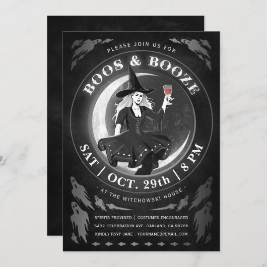 Boos & Booze Halloween-uitnodigingen | Zwart-wit Kaart (Voorkant / Achterkant)