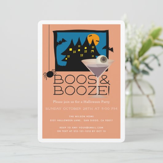 Boos & Booze Haunted Halloween Party Invitation Kaart (Staand voorkant)