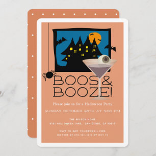 Boos & Booze Haunted Halloween Party Invitation Kaart