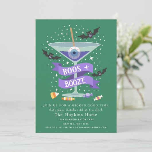Boos & Booze Martini Halloween Party Invitation Kaart (Staand voorkant)