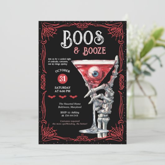 Boos & Booze Red Spooky Costume Halloween Party Kaart (Staand voorkant)