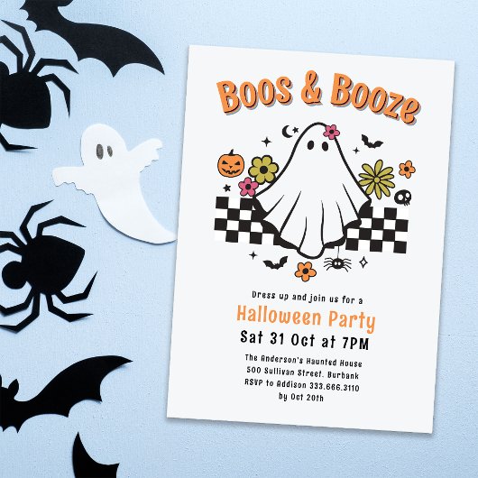 Boos & Booze Retro Ghost Halloween Kostuum Feest Kaart