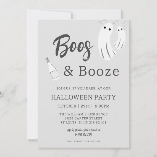 Boos & Booze Volwassen Halloween Grijs Wit Uitnodi Kaart (Voorkant)