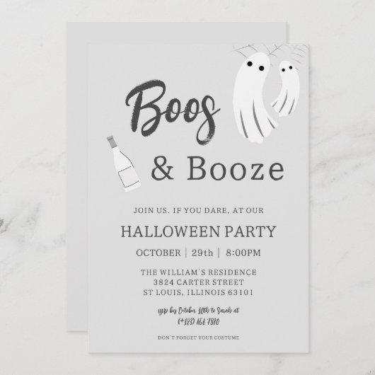 Boos & Booze Volwassen Halloween Grijs Wit Uitnodi Kaart (Voorkant / Achterkant)