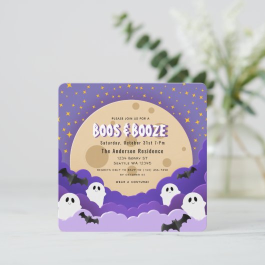 Boos en Booze Ghost Moon Halloween Party Kaart (Staand voorkant)