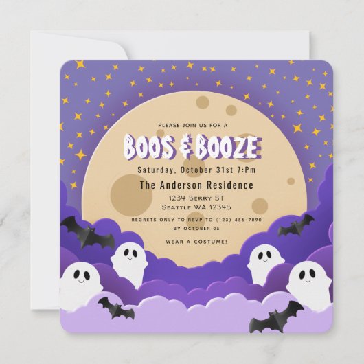 Boos en Booze Ghost Moon Halloween Party Kaart (Voorkant)