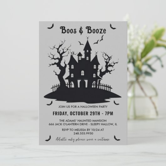 Boos En Booze Grijs Halloween Party Kaart (Staand voorkant)