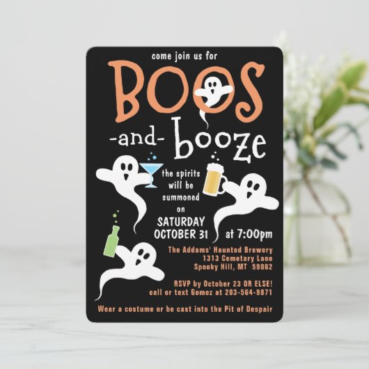Boos en Booze Halloween Party Cute Spooky Ghost Kaart (Staand voorkant)