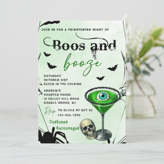 Boos en Booze Halloween Party Kaart (Staand voorkant)