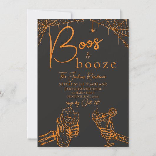 Boos en Booze Halloween Skeleton Party Sinaasappel Kaart (Voorkant)