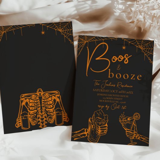 Boos en Booze Halloween Skeleton Party Sinaasappel Kaart
