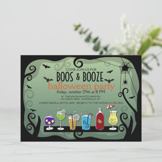 BOOS en BOOZE Halloween Uitnodiging (Staand voorkant)