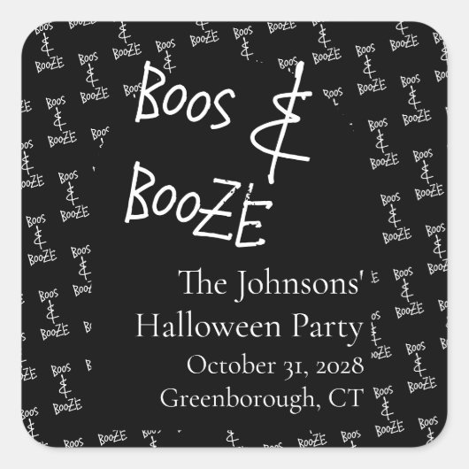 Boos en Booze Halloweenfeest Zwart en Wit Vierkante Sticker (Voorkant)