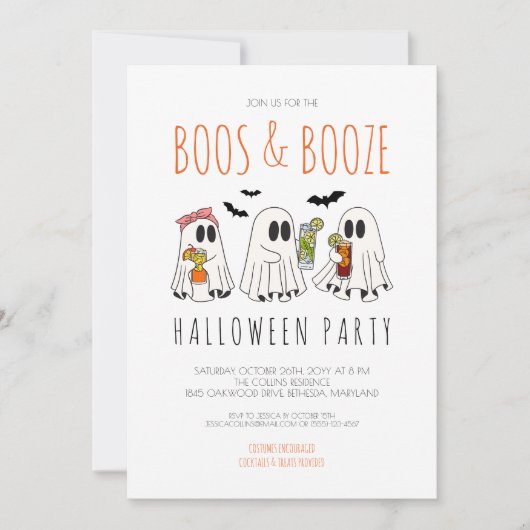 Boos en Booze Spooky Ghost Adult Halloween Party Kaart (Voorkant)