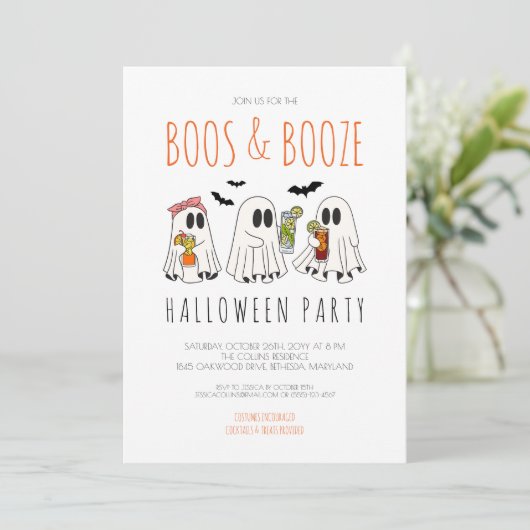 Boos en Booze Spooky Ghost Adult Halloween Party Kaart (Staand voorkant)