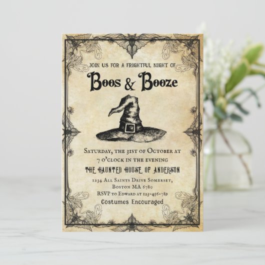 Boos En Booze Volwassen Halloween Feest Kaart (Staand voorkant)