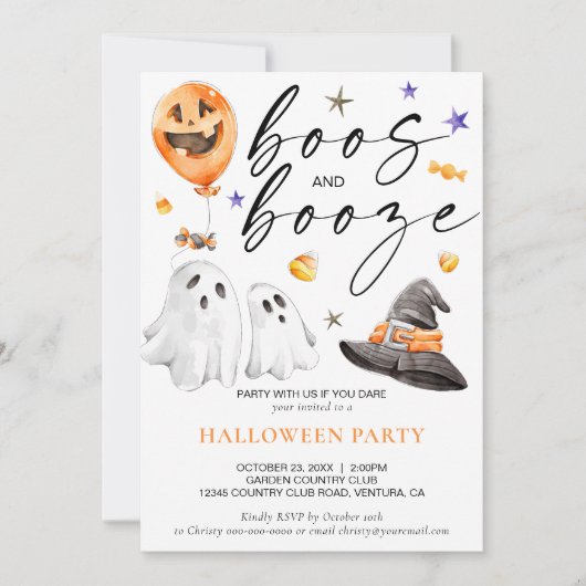 Boos en Booze Waterverf Ghost Halloween Party Kaart (Voorkant)