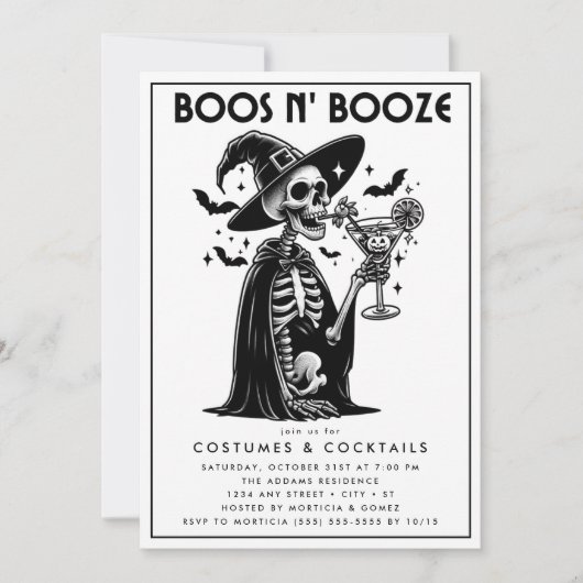 Boos en Booze Zwart Wit Volwassen Halloween Party Kaart (Voorkant)