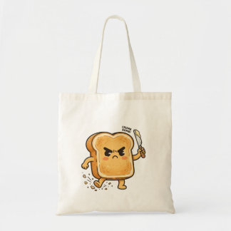 Boos karakters van toast dat een botermes vasthoud tote bag