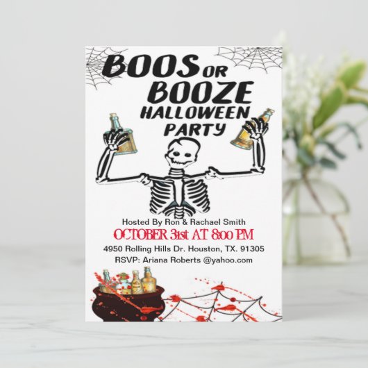 Boos- of Booze-skelet-halloween-uitnodiging Kaart (Staand voorkant)